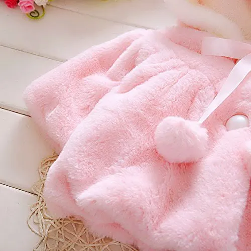 Baby Girl Kids Cute Winter Shawl Jacket Princess Fur Dress Coat Overcoat Button Closure Hoodie for 1-2 Years Old Pink