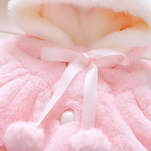 Baby Girl Kids Cute Winter Shawl Jacket Princess Fur Dress Coat Overcoat Button Closure Hoodie for 1-2 Years Old Pink