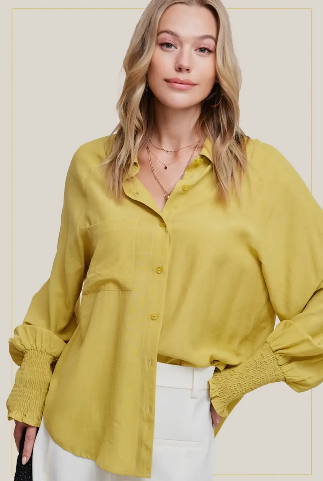 Button Down Smocking Balloon Sleeve Shirts