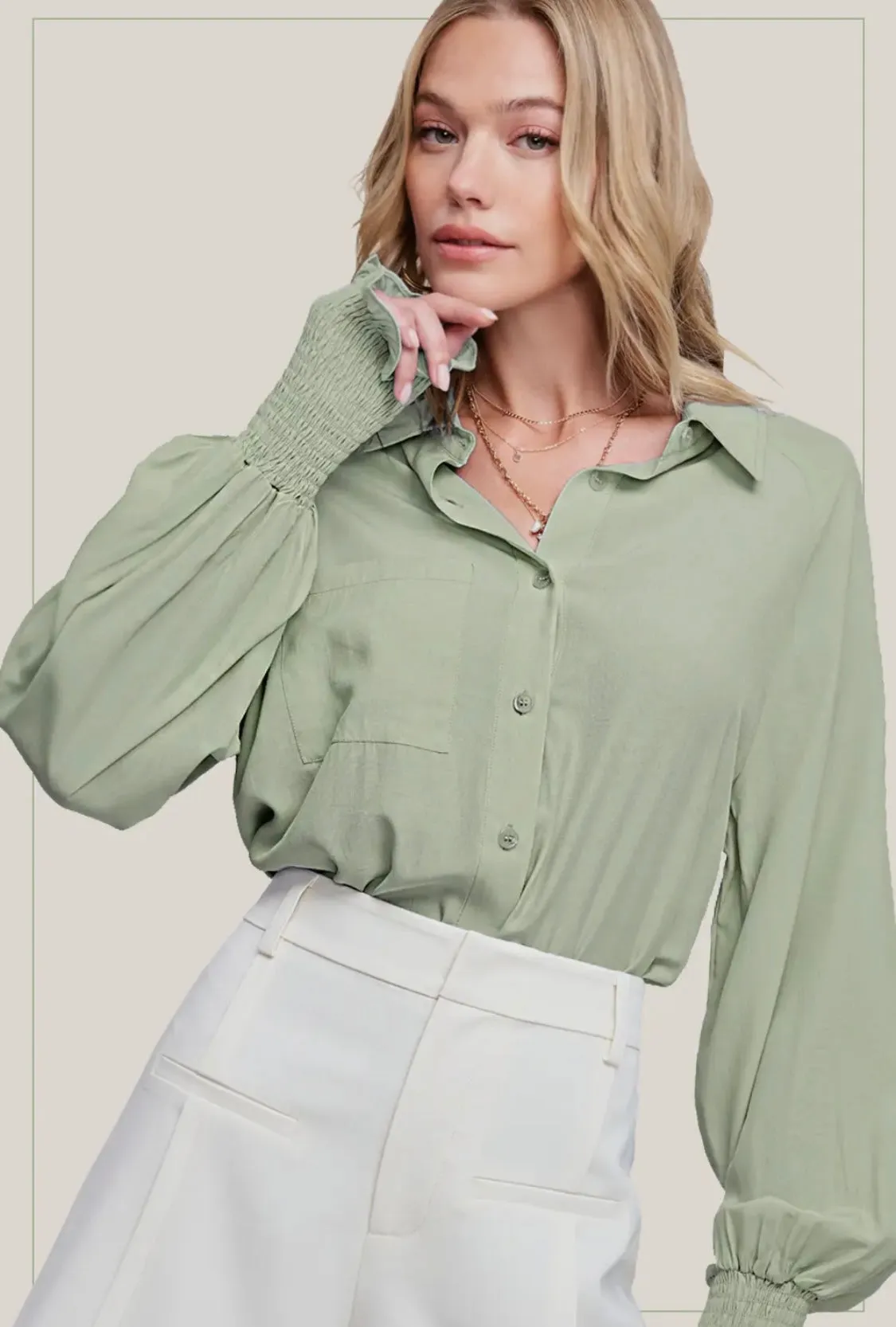 Button Down Smocking Balloon Sleeve Shirts