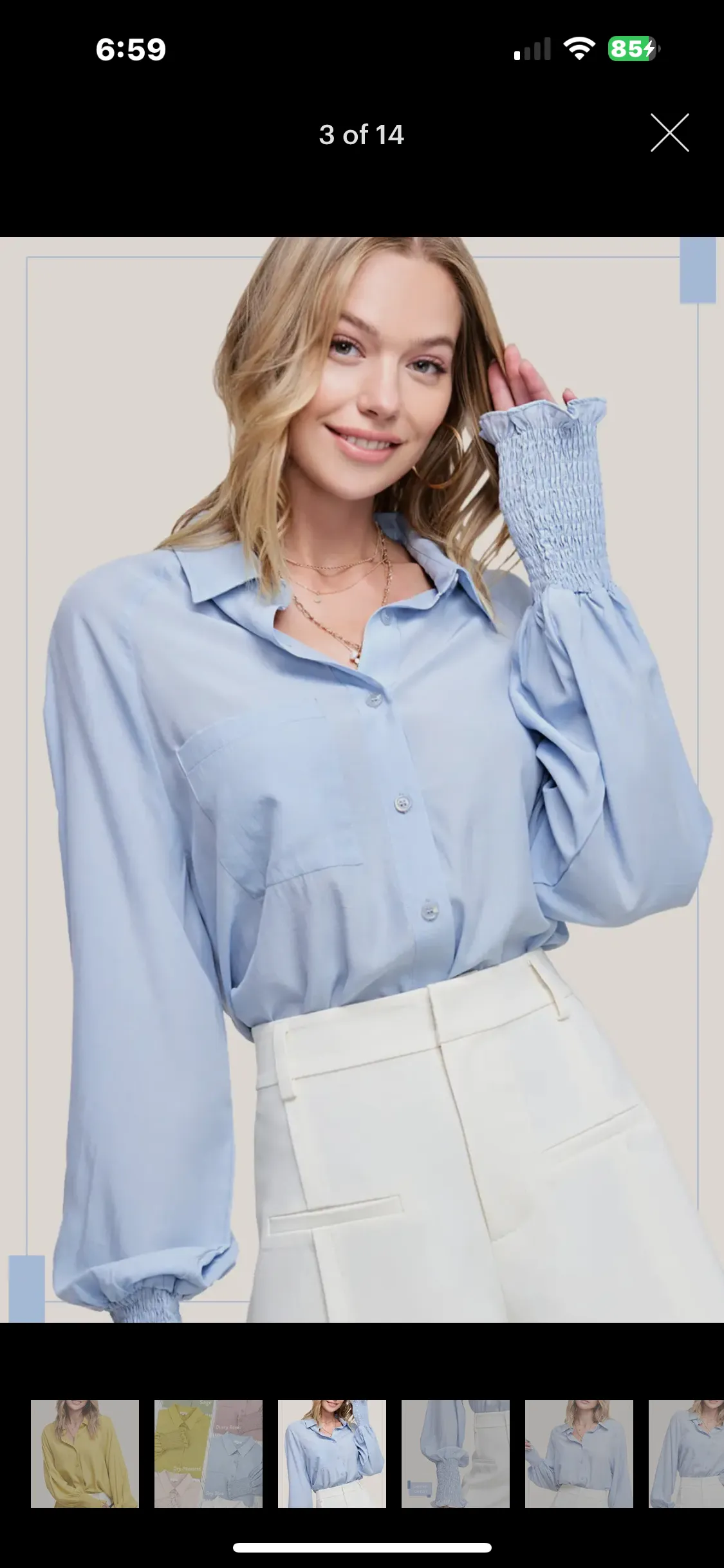 Button Down Smocking Balloon Sleeve Shirts