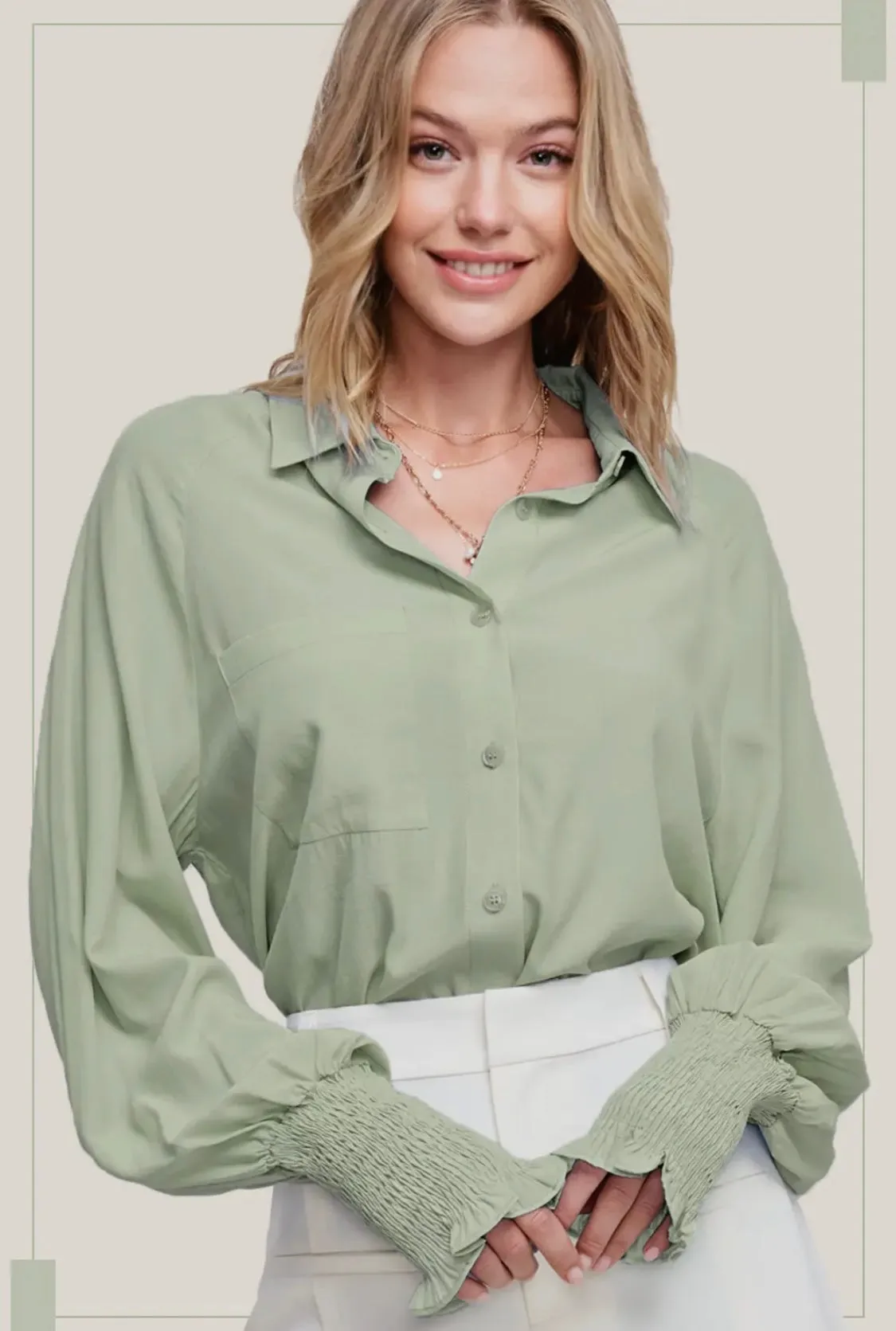 Button Down Smocking Balloon Sleeve Shirts