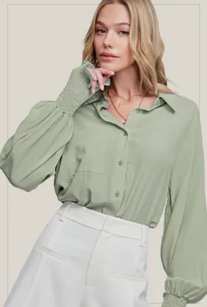 Button Down Smocking Balloon Sleeve Shirts