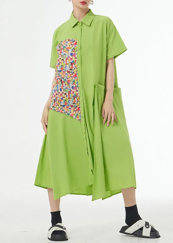Chic Grass Green Asymmetrical Button Patchwork Silk Cotton Shirts Dress Summer LY9313