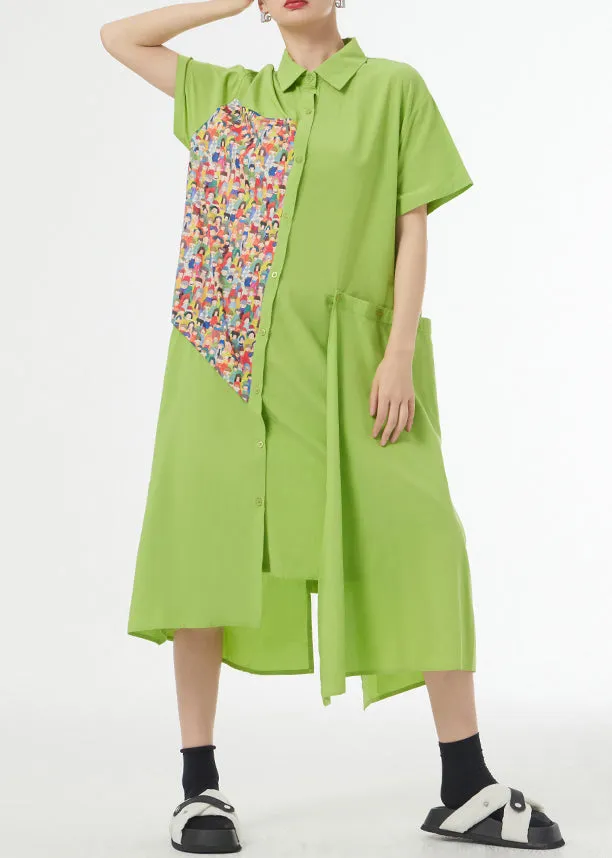 Chic Grass Green Asymmetrical Button Patchwork Silk Cotton Shirts Dress Summer LY9313