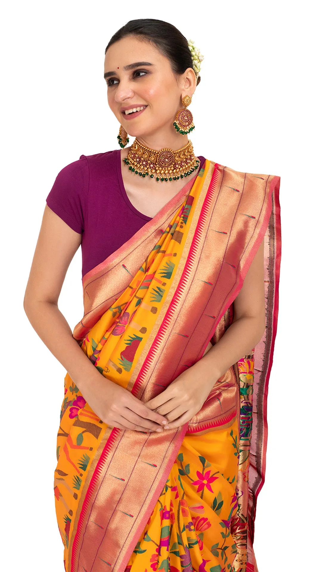 Crimson Bordered Elegant Saree with Vivid Flora and Fauna