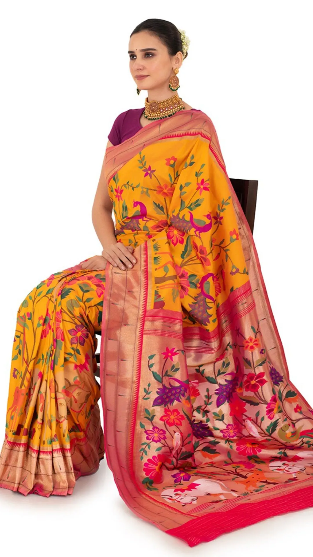Crimson Bordered Elegant Saree with Vivid Flora and Fauna