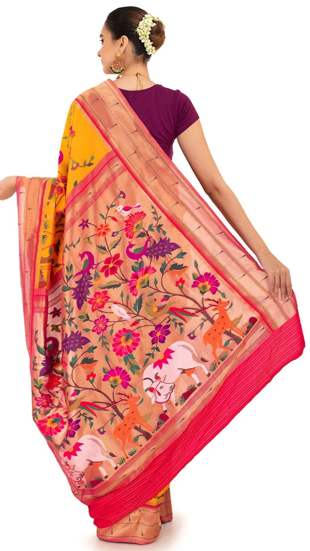 Crimson Bordered Elegant Saree with Vivid Flora and Fauna