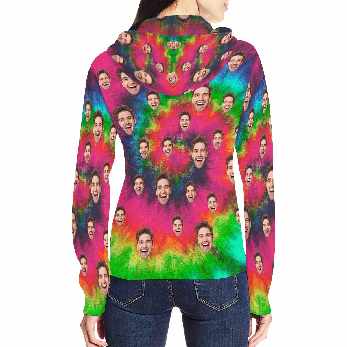 Custom Face Full Zip Hoodie Colorful Women's All Over Print Zipper Hoodie with Husband Face