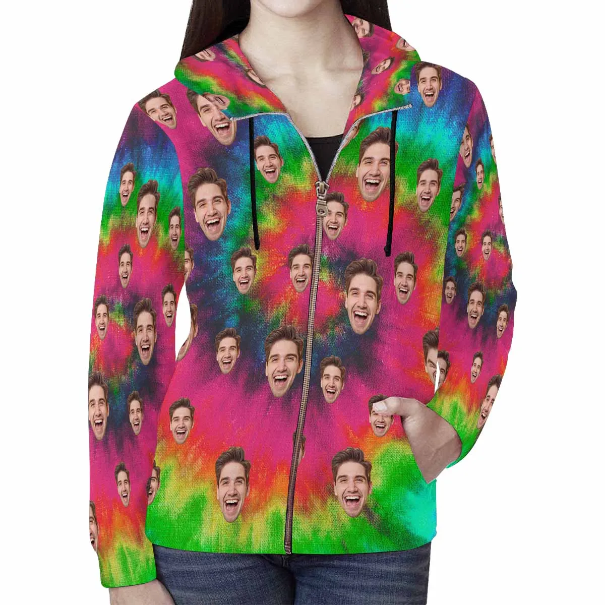 Custom Face Full Zip Hoodie Colorful Women's All Over Print Zipper Hoodie with Husband Face