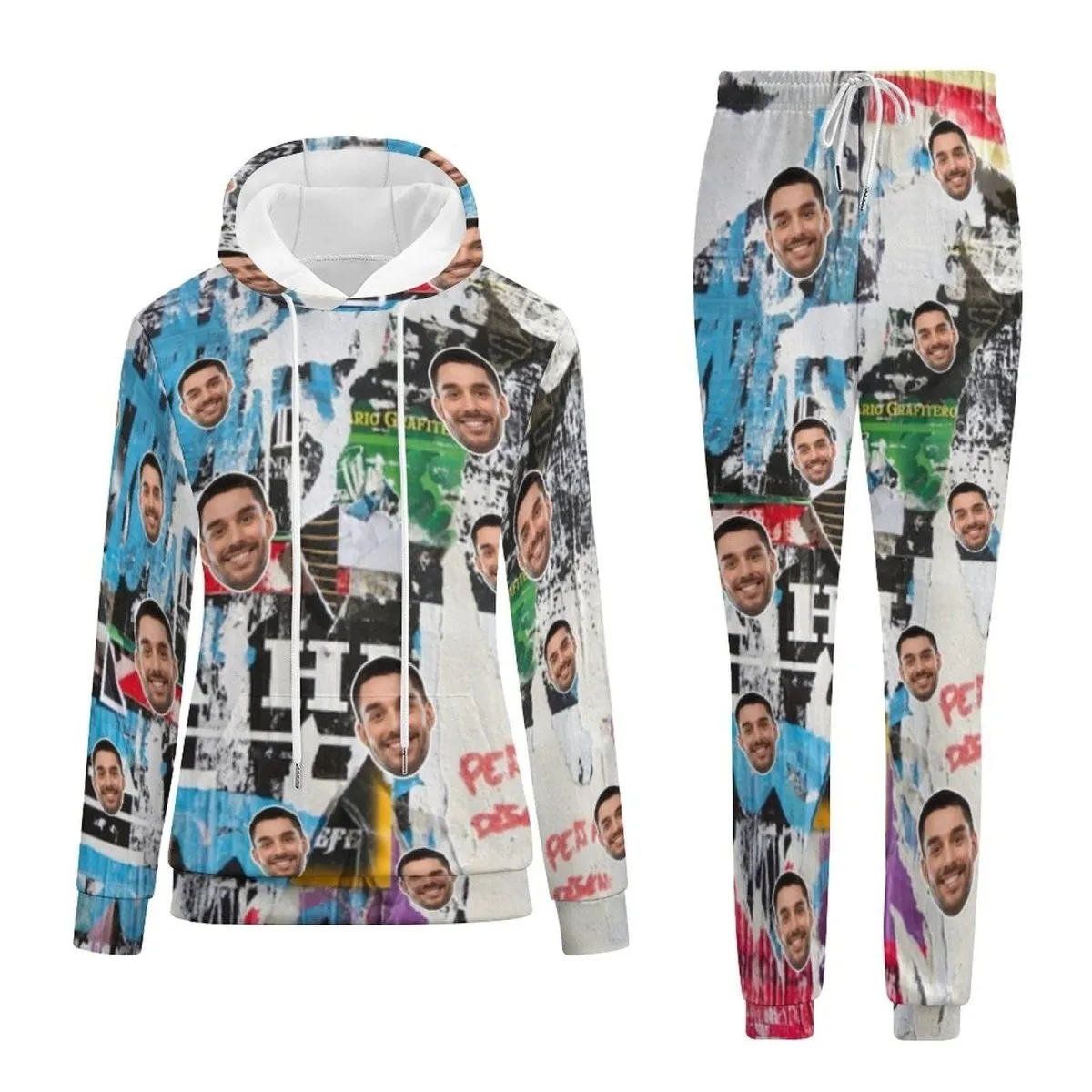 Custom Face Graffiti Couple Hoodie Sweatpant Set Personalized Unisex Loose Hoodie Top Outfits