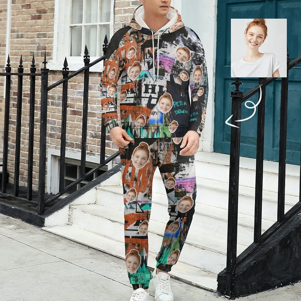 Custom Face Graffiti Couple Hoodie Sweatpant Set Personalized Unisex Loose Hoodie Top Outfits