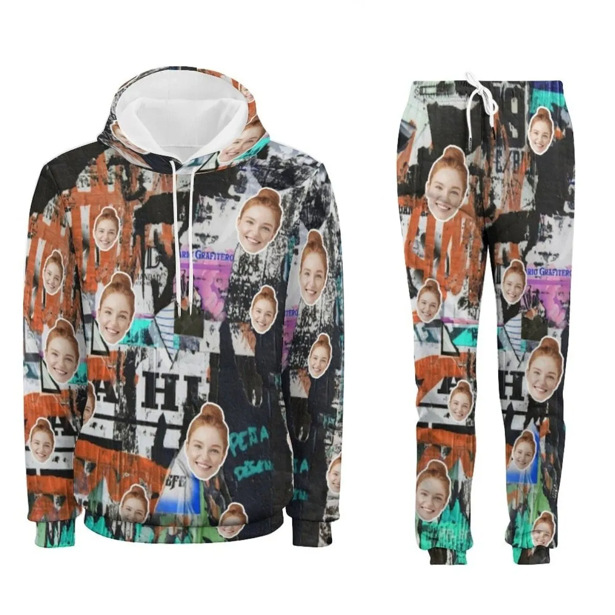 Custom Face Graffiti Couple Hoodie Sweatpant Set Personalized Unisex Loose Hoodie Top Outfits