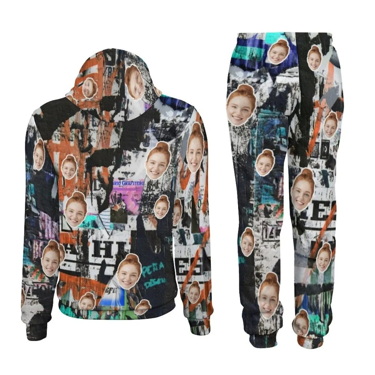 Custom Face Graffiti Couple Hoodie Sweatpant Set Personalized Unisex Loose Hoodie Top Outfits