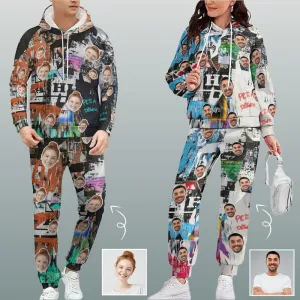 Custom Face Graffiti Couple Hoodie Sweatpant Set Personalized Unisex Loose Hoodie Top Outfits