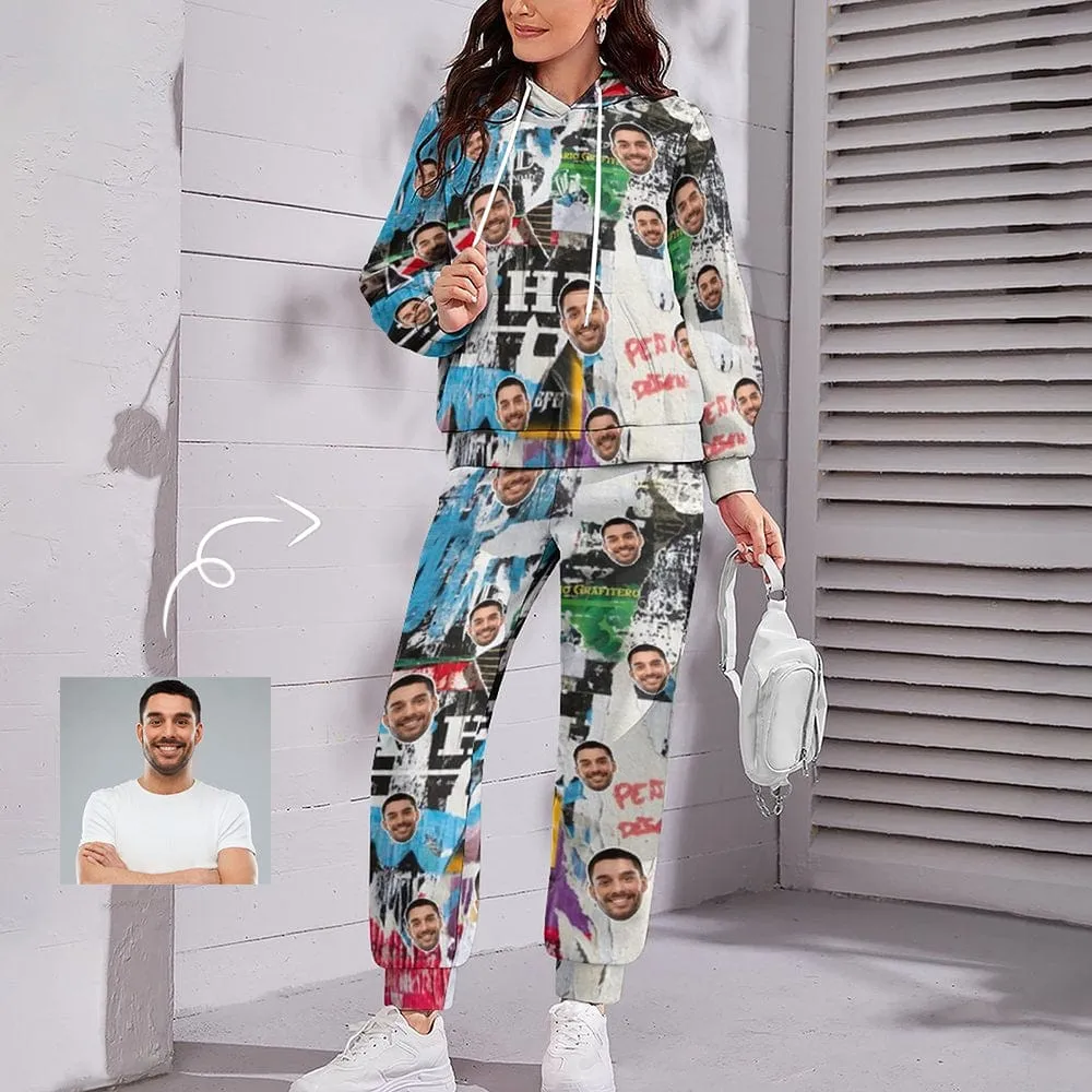 Custom Face Graffiti Couple Hoodie Sweatpant Set Personalized Unisex Loose Hoodie Top Outfits