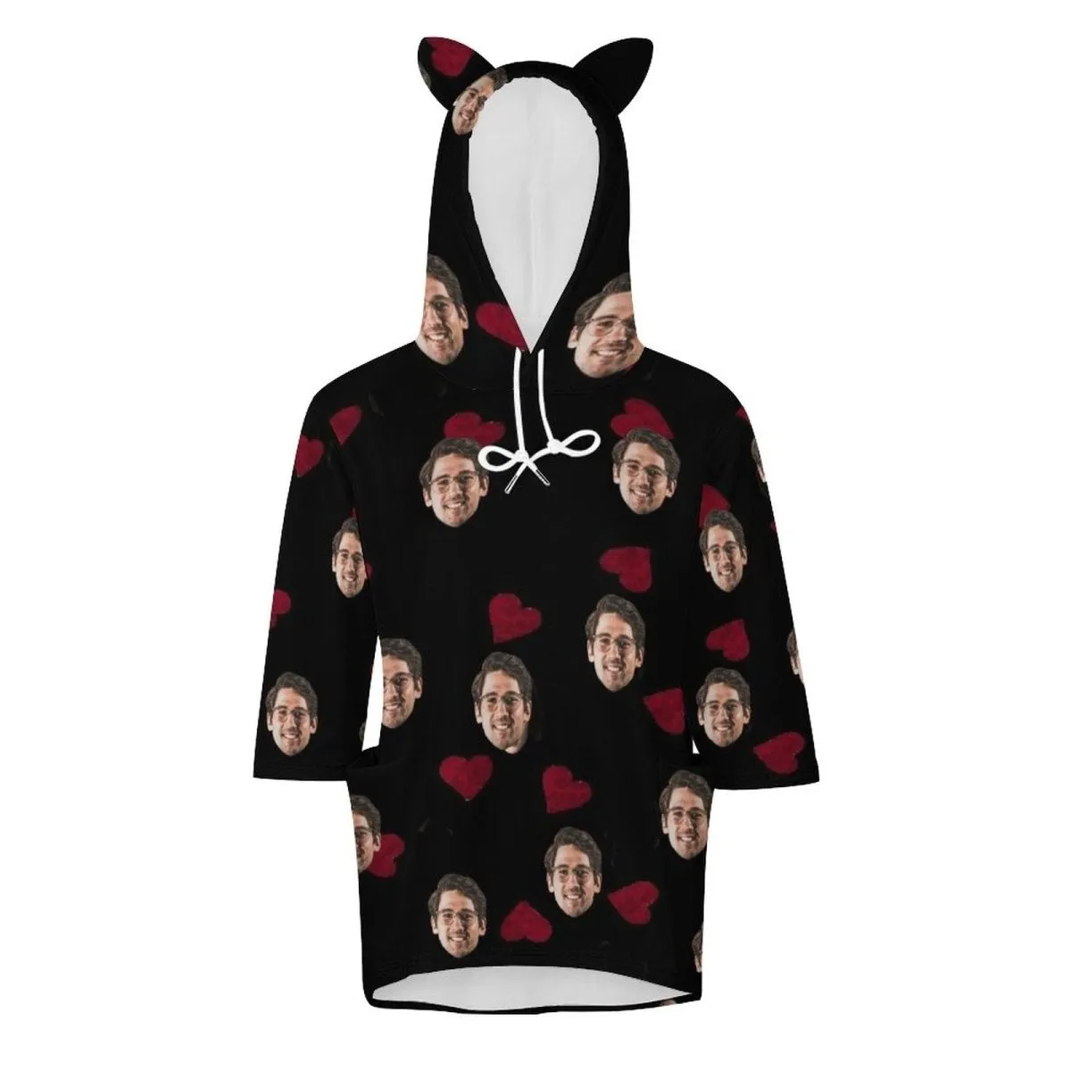 Custom Face Hoodie Love Heart Three Hoodies Quarter Sleeve Cool Hoodie Designs Women's Cat Ear Hooded Pullover