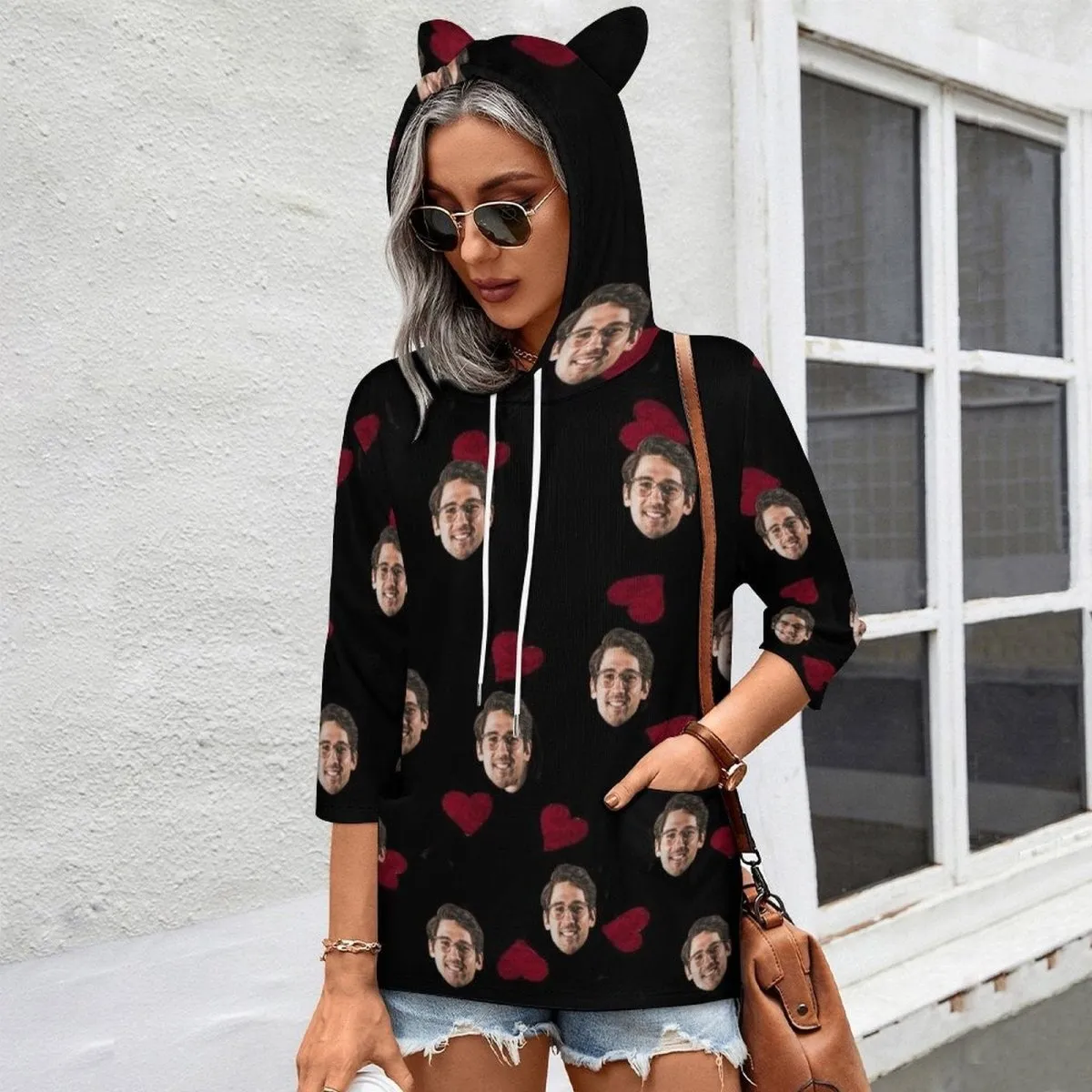 Custom Face Hoodie Love Heart Three Hoodies Quarter Sleeve Cool Hoodie Designs Women's Cat Ear Hooded Pullover