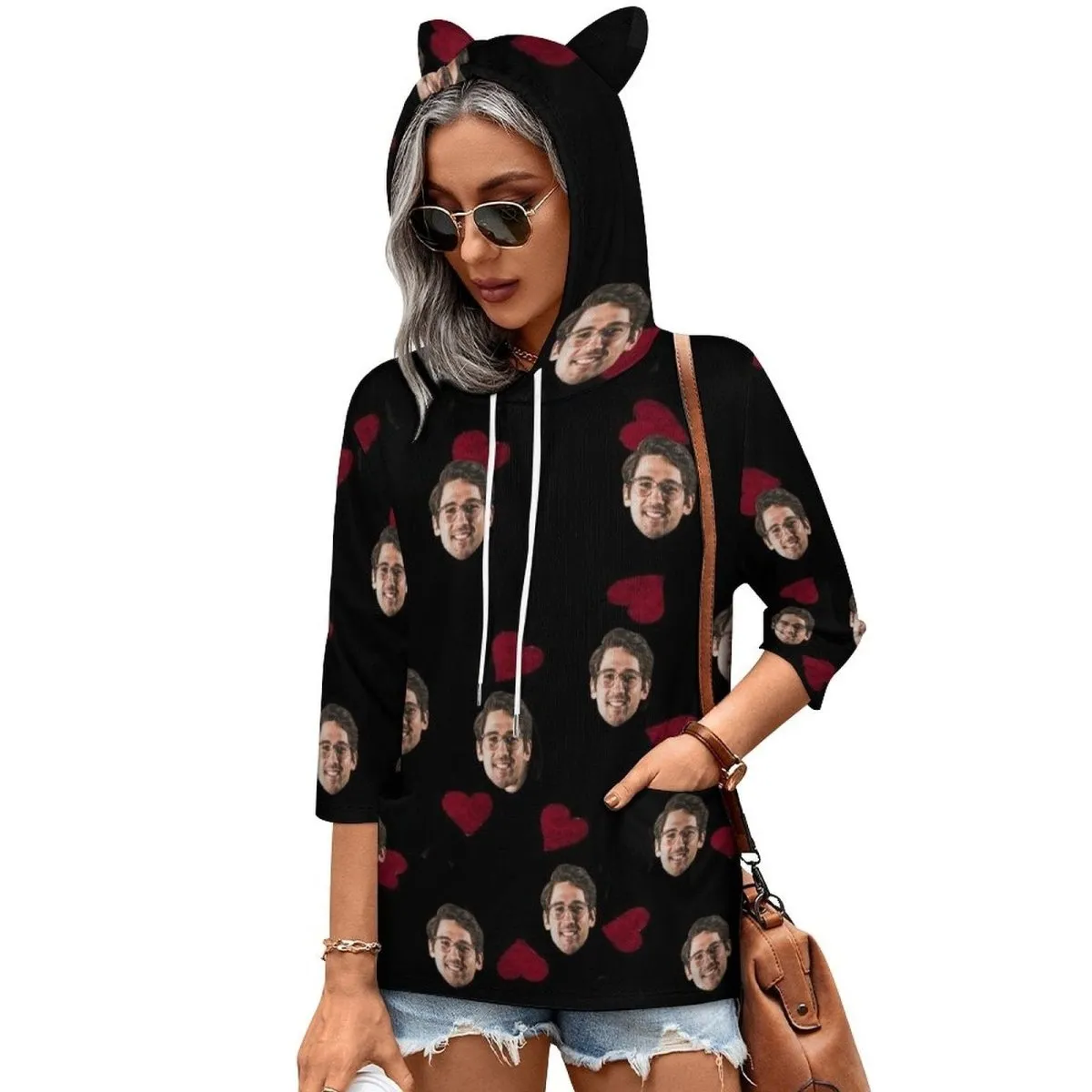 Custom Face Hoodie Love Heart Three Hoodies Quarter Sleeve Cool Hoodie Designs Women's Cat Ear Hooded Pullover