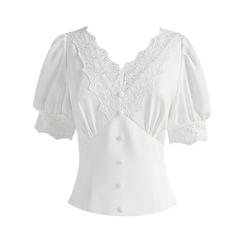 Dabuwawa Elegant Lace Deep V Neck Blouse Women Casual Solid Puff