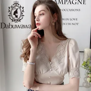 Dabuwawa Elegant Lace Deep V Neck Blouse Women Casual Solid Puff