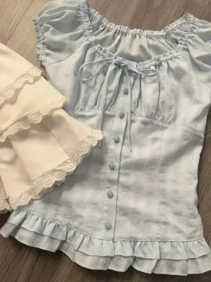 Dermearne 2024 Summer New Elegant Sweet Square Collar Lace Up Blouses Ruffles Shirts Women Y2k E-Girl Short Sleeve Slim Fit Tops Mujer