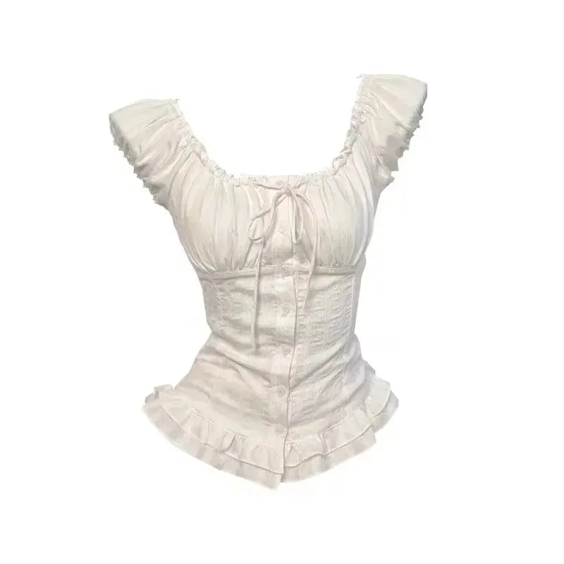 Dermearne 2024 Summer New Elegant Sweet Square Collar Lace Up Blouses Ruffles Shirts Women Y2k E-Girl Short Sleeve Slim Fit Tops Mujer