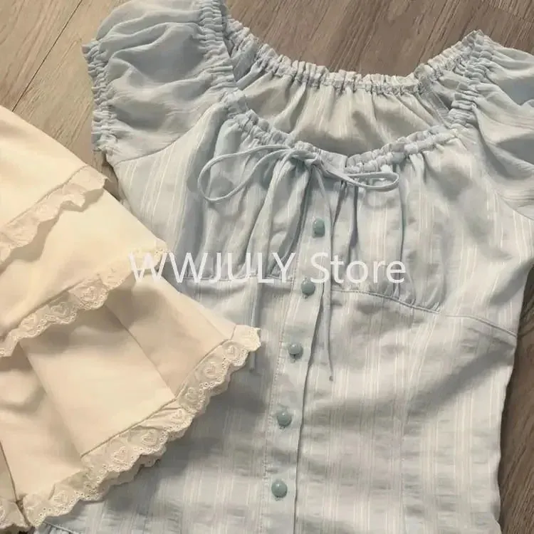 Dermearne 2024 Summer New Elegant Sweet Square Collar Lace Up Blouses Ruffles Shirts Women Y2k E-Girl Short Sleeve Slim Fit Tops Mujer