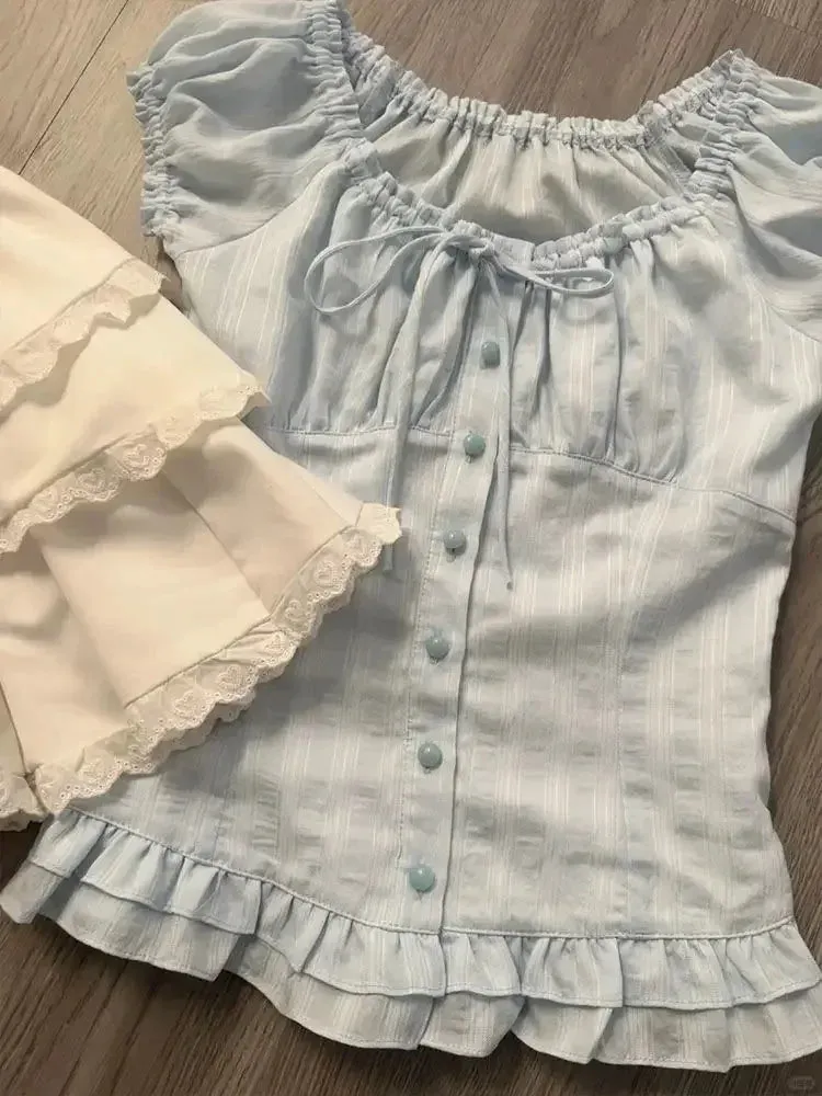 Dermearne 2024 Summer New Elegant Sweet Square Collar Lace Up Blouses Ruffles Shirts Women Y2k E-Girl Short Sleeve Slim Fit Tops Mujer