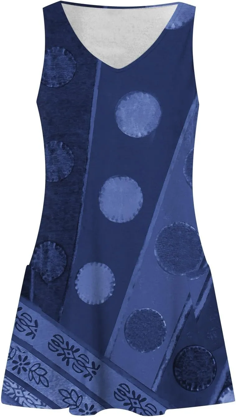 Dresses for Women 2024 Pockets Printed Tank Dresses Sleeveless V Neck Sundresses Trendy Elegant Mini Dresses
