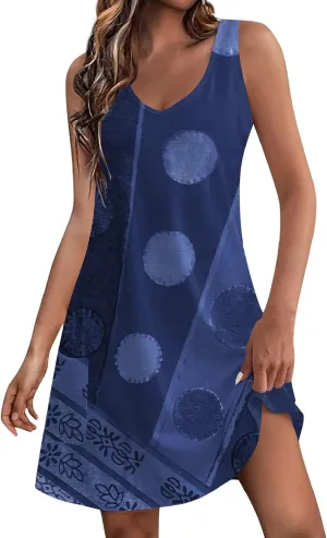 Dresses for Women 2024 Pockets Printed Tank Dresses Sleeveless V Neck Sundresses Trendy Elegant Mini Dresses