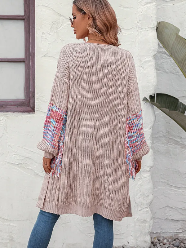Fringe Detail Knitted Long Cardigan Sweater