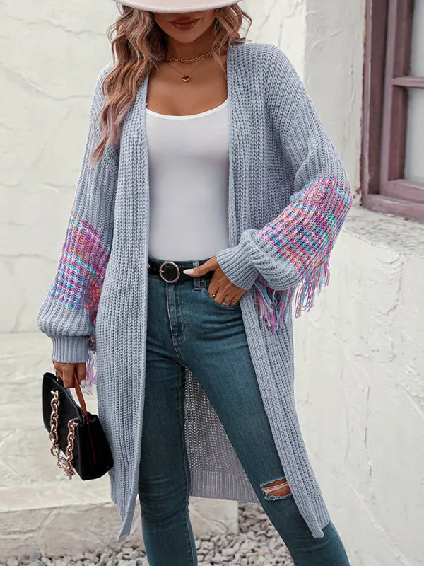 Fringe Detail Knitted Long Cardigan Sweater