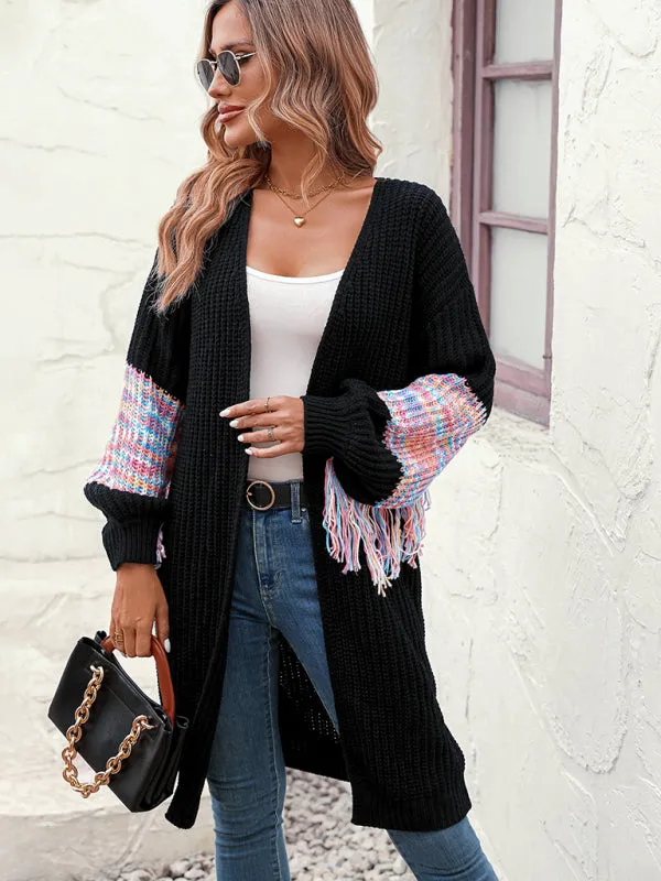 Fringe Detail Knitted Long Cardigan Sweater