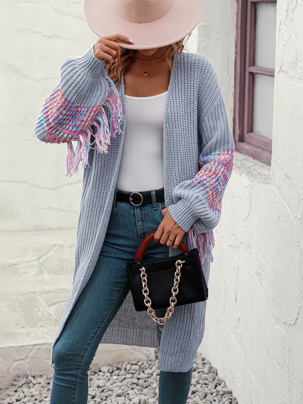 Fringe Detail Knitted Long Cardigan Sweater