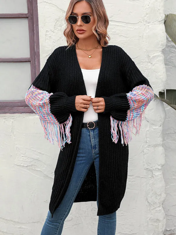 Fringe Detail Knitted Long Cardigan Sweater