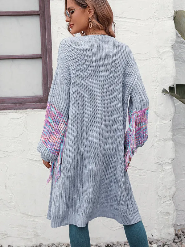Fringe Detail Knitted Long Cardigan Sweater
