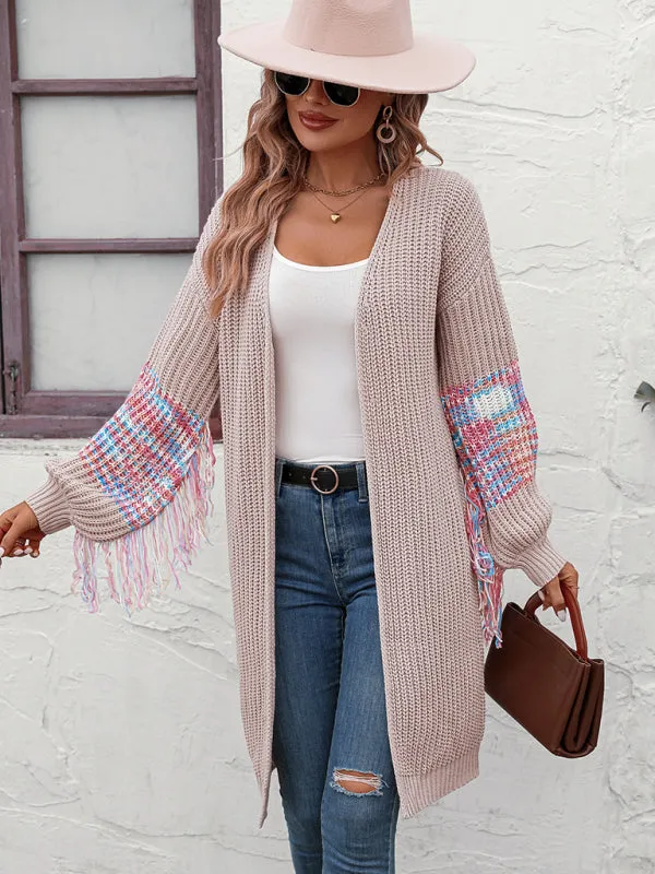 Fringe Detail Knitted Long Cardigan Sweater