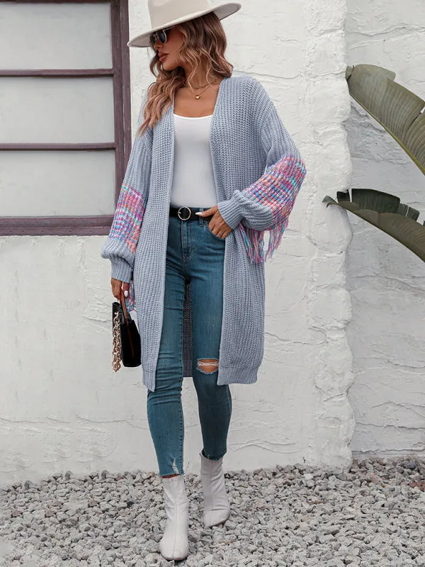 Fringe Detail Knitted Long Cardigan Sweater