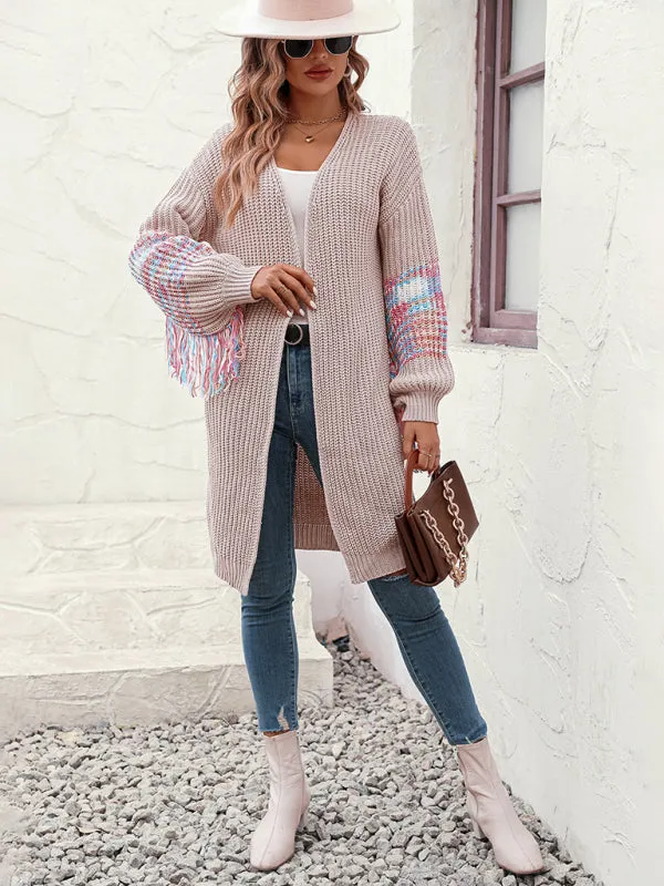 Fringe Detail Knitted Long Cardigan Sweater