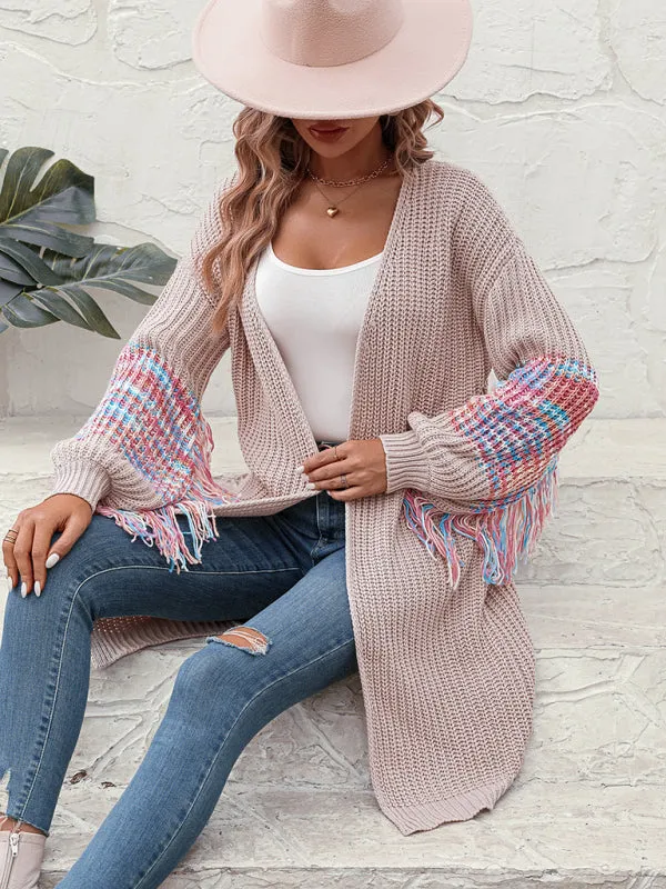 Fringe Detail Knitted Long Cardigan Sweater
