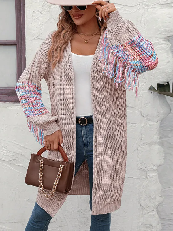 Fringe Detail Knitted Long Cardigan Sweater