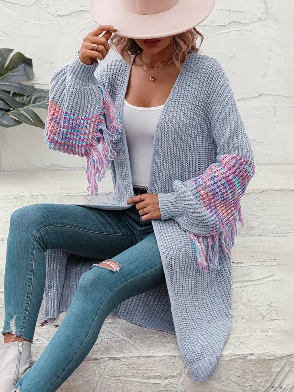 Fringe Detail Knitted Long Cardigan Sweater