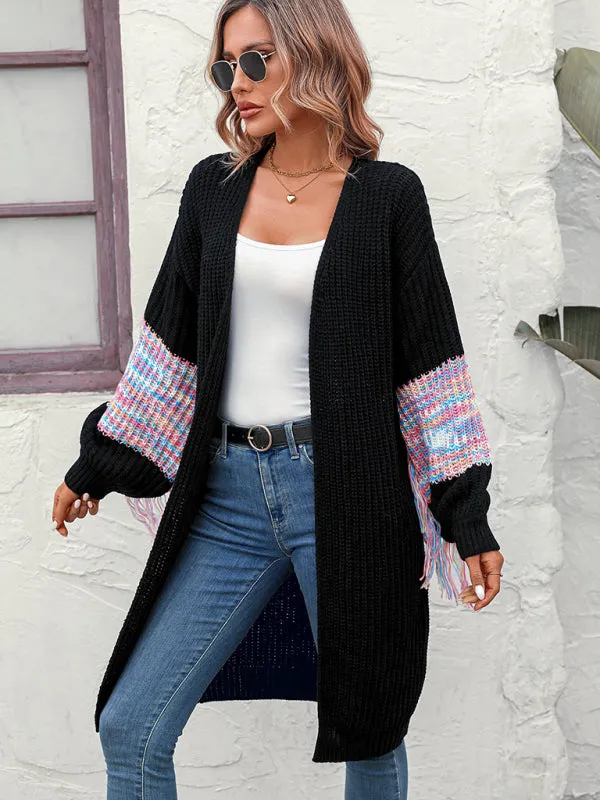 Fringe Detail Knitted Long Cardigan Sweater