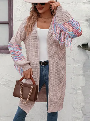 Fringe Detail Knitted Long Cardigan Sweater