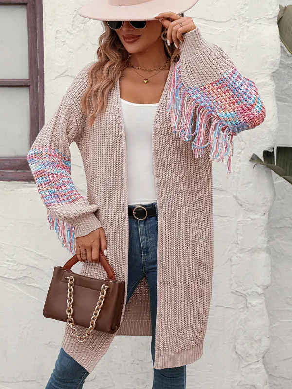 Fringe Detail Knitted Long Cardigan Sweater