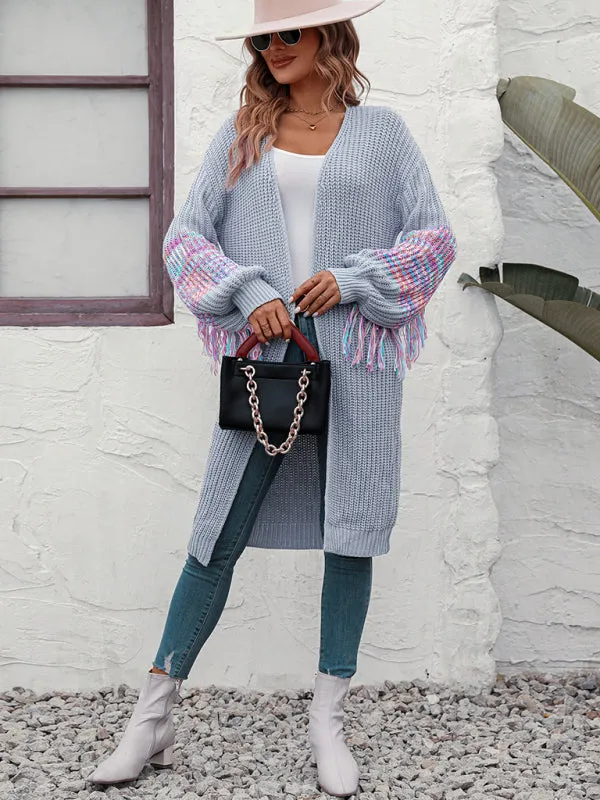 Fringe Detail Knitted Long Cardigan Sweater
