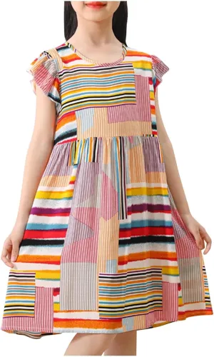 Girls Casual Dress Summer Floral Printed Ruffle Sleeve A Line Party Dress Round Neck Boho Dresses Size 3-14 Years