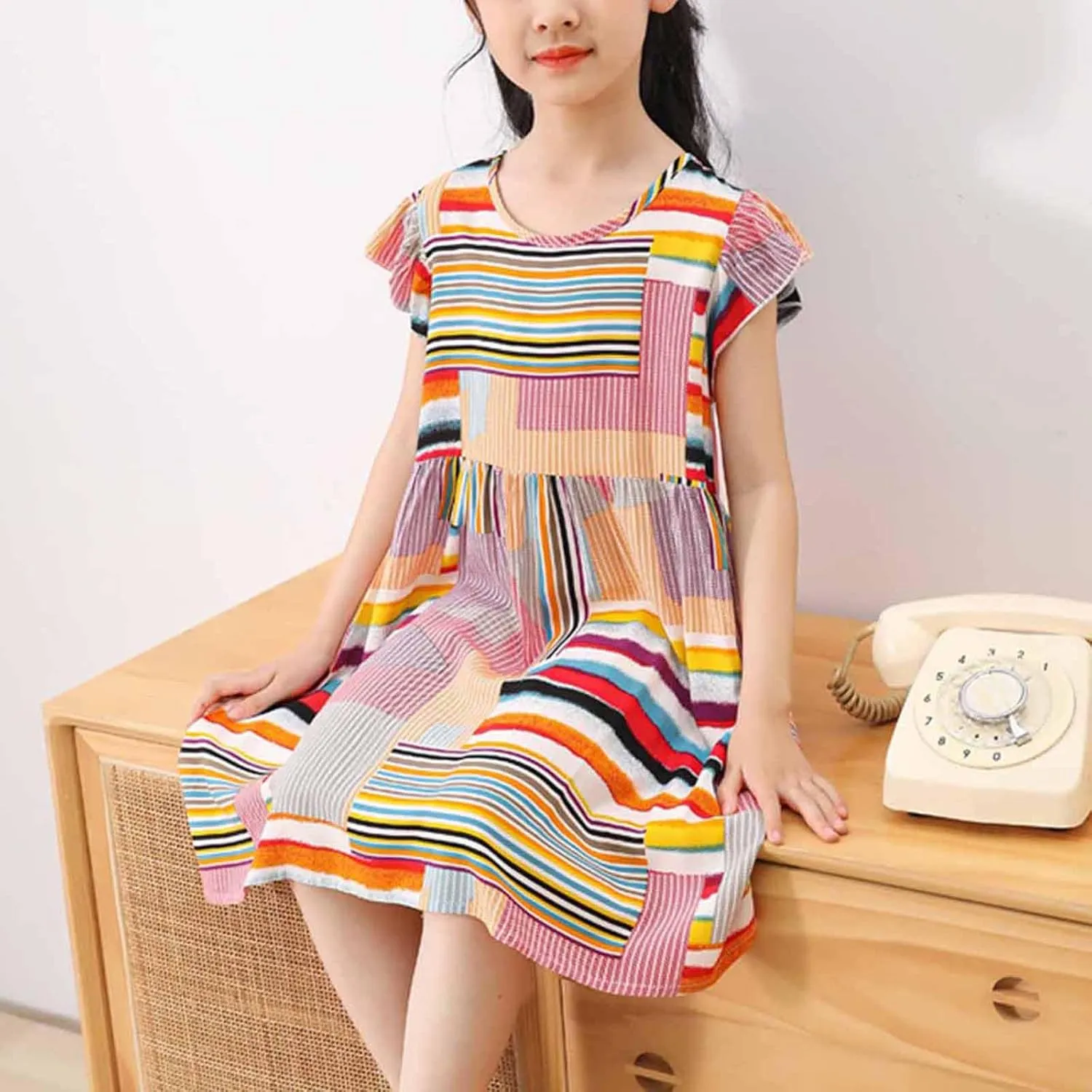 Girls Casual Dress Summer Floral Printed Ruffle Sleeve A Line Party Dress Round Neck Boho Dresses Size 3-14 Years