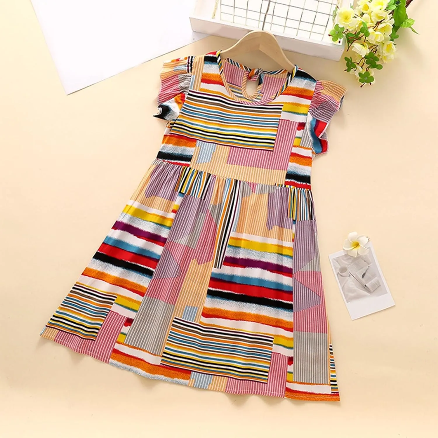 Girls Casual Dress Summer Floral Printed Ruffle Sleeve A Line Party Dress Round Neck Boho Dresses Size 3-14 Years